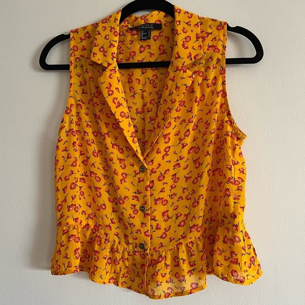 🛍4/$25! Forever 21 Cropped Floral Button Up Peplum Flounce Sleeveless Top